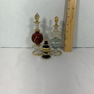 Set Of 3 Perfume Bottles - Egyptian Hand Made - Red, Green And Black. 2 Stoppers